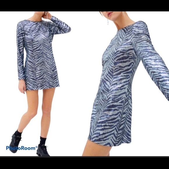 URBAN OUTFITTERS Zebra Sequin Mini Dress Navy Blue S/P - Picture 3 of 17